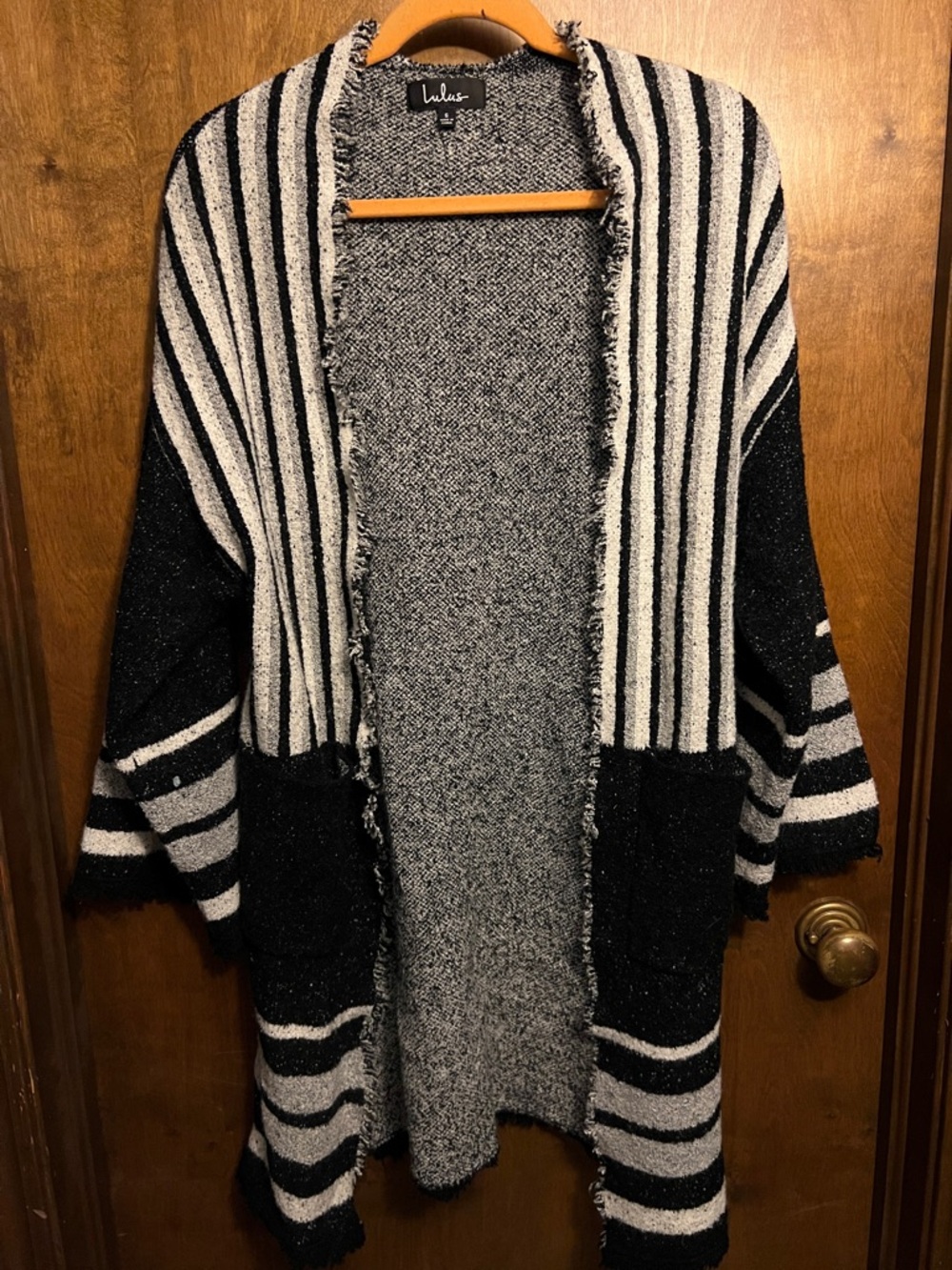 Lulu's Black, Gray, and White Striped Open Cardigan with Pockets